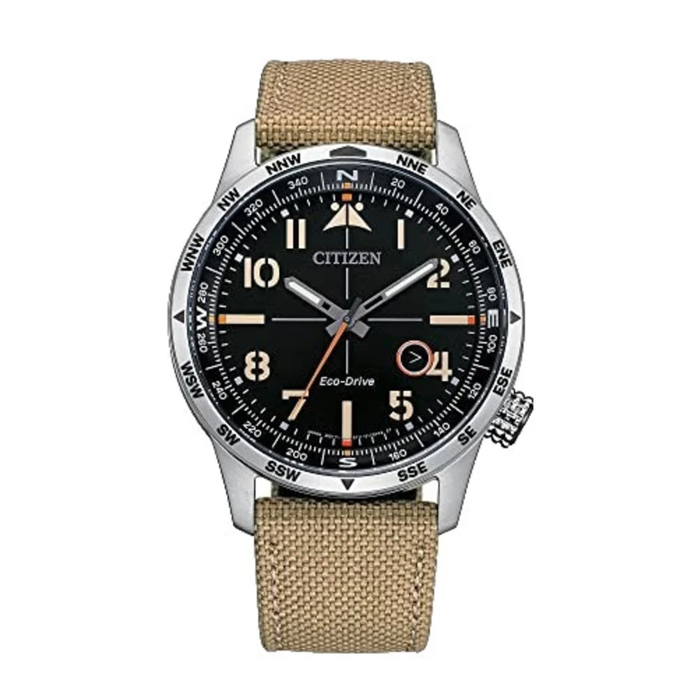 CITIZEN WEEKENDER BM755001E BLACK DIAL BEIGE CANVAS STRAP 43MM MENS WATCH
